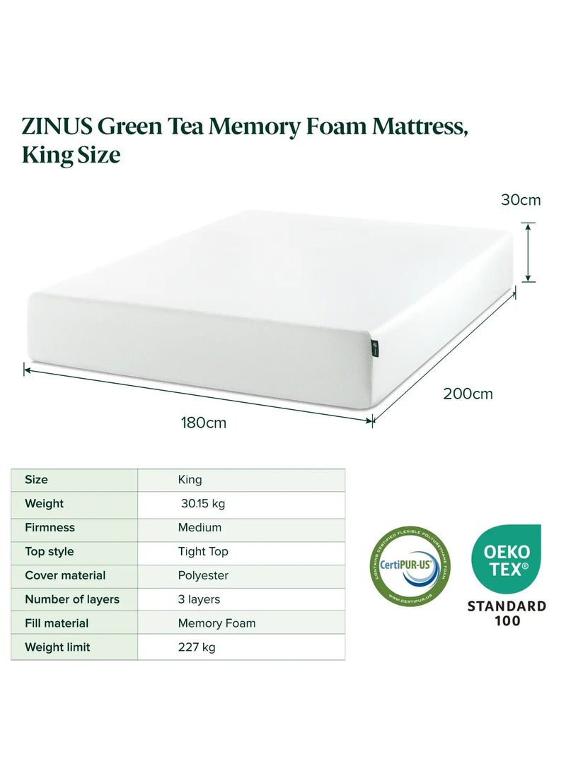 Zinus 30cm Green Tea Memory Foam Mattress | King Size | Medium-Firm Support | Fiberglass-Free | Zoned Pressure Relief | OEKO-TEX® | CertiPUR-US® Certified | Mattress in a Box | 180W x 200L × 30H CM | - Image 2